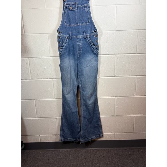 Vintage 90s Silver Jeans Denim Flared Bibs Overalls Women 3/31 Blue Faded Grunge - Picture 1 of 8